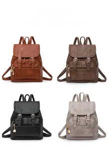 Collage of vintage PU leather backpacks in brown, coffee, black, and grey with buckle detail