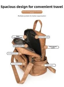 Diseño interior de la mochila de cuero marrón con múltiples compartimentos y bolsillos con cremallera