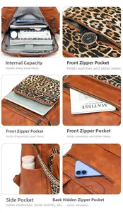 Detail view of leopard print backpack with multiple pockets and anti-theft back pocket
