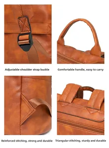 Detail view of reinforced stitching, handle and adjustable strap on leopard backpack