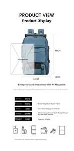 Detailed dimension chart showing a large waterproof travel backpack with size markings