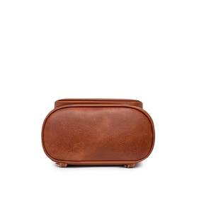 Detailed bottom view of the vintage brown PU leather backpack showing stitching and buckles