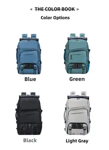 Multi-angle view of travel backpacks in blue, green, black and light grey colors