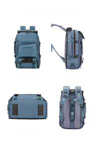 Four-angle view of blue waterproof travel backpack with breathable mesh back and side straps