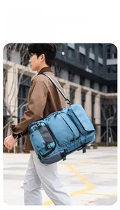 Blue travel backpack detail showing multiple zippered compartments and durable nylon fabric