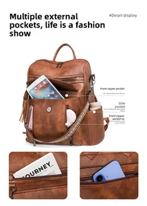 Detail view of brown PU leather backpack showing multiple pockets for iPad and magazines