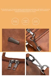 Detailed view of durable gun-metal hardware and thick plating on brown leather bag