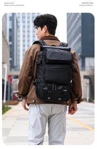 Detail of multi-functional black outdoor travel backpack with mesh back panel and buckles