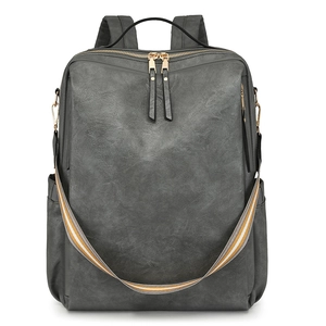 Vintage Damenrucksack aus dunkelgrauem PU-Leder mit gestreiftem Canvas-Schultergurt