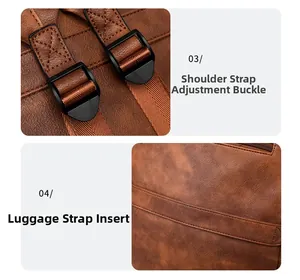 Detail of adjustable straps and luggage sleeve on the brown PU leather backpack