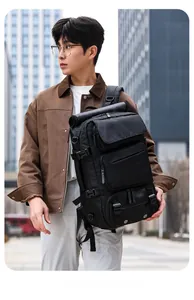Close-up of waterproof multi-pocket travel backpack with adjustable buckles and straps
