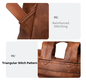 Detail of bartack reinforcement and triangular stitching on brown PU leather backpack