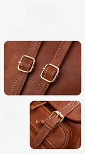 Close-up of golden metal buckle and white contrast stitching on brown litchi grain leather