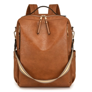 Brauner Retro-Damenrucksack aus PU-Leder mit Doppelreißverschluss und gestreiftem Trageriemen