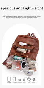 Brown vintage PU backpack interior showing storage for iPad, phone, and daily essentials