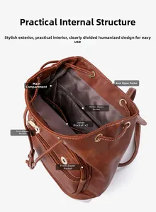Macro view of the internal storage layers and pockets of the brown PU leather backpack