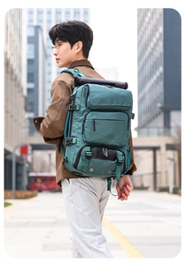 Side view of a large multifunctional travel backpack with a reinforced carrying system