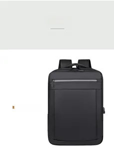 Detail of minimalist business backpack featuring USB charging port and waterproof fabric