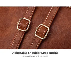 Detail of adjustable shoulder straps with golden buckles and white stitching on brown PU bag