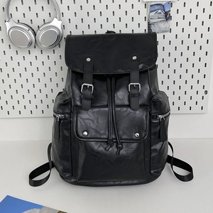 Retro black PU leather backpack with silver buckles and drawstring for casual travel