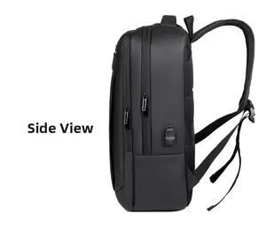 Detail view of the black business laptop backpack side with built-in USB charging port