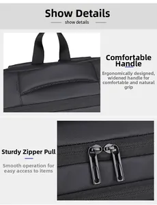Detail of widened webbed handle and smooth dual metal zippers on black business backpack