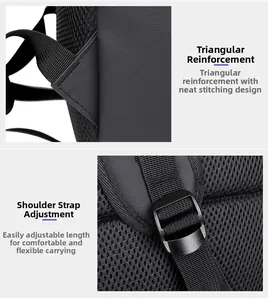 Detail of reinforced triangular stitching and adjustable strap buckle on a gray backpack