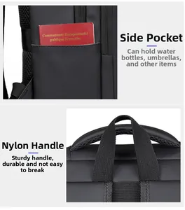 Detail of the durable nylon side pocket and reinforced handle of this black business backpack