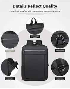 Detail view of business laptop backpack featuring water-resistant fabric and reflective strip