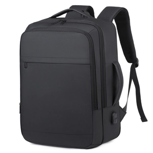 Business laptop backpack in black waterproof fabric with USB charging port shown at 45 degrees
