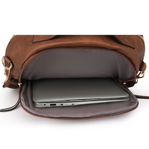 Detailansicht brauner Vintage-Rucksack aus PU-Leder mit Laptopfach und goldenen Reißverschlüssen