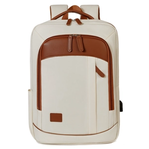 Neutral business laptop backpack with beige fabric and brown leather details and USB port