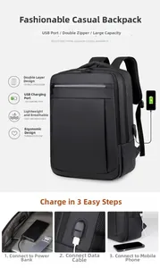 Detail showing the 3-step USB charging process and large capacity layers of the black backpack