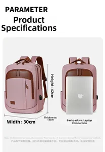 Pink business backpack details showing 42x30x13cm size and built-in USB charging port