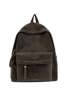 Detail of dark brown faux suede backpack with white stitching and Keddybear logo