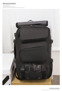 Detail view of large capacity travel backpack with multiple zipper pockets and buckle closure