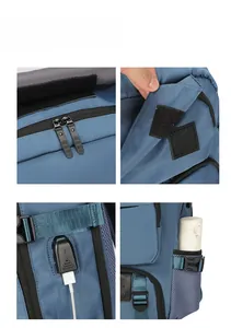 Detail view of blue travel backpack featuring USB port and reinforced side mesh pockets