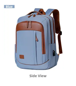 Blue business laptop backpack featuring side USB charging port and breathable mesh strap