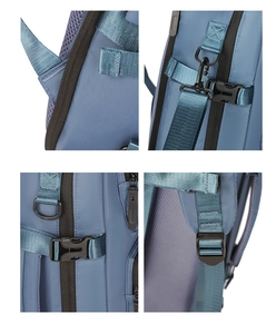 Detail view of water-resistant nylon backpack showing buckles and breathable back padding