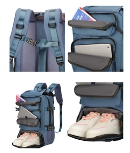 Detail view of the travel backpack featuring a breathable mesh back and a separate shoe compartment