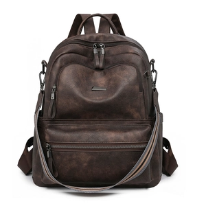 Detail view of dark brown vintage texture backpack with multi-pocket design and stripe strap
