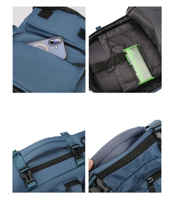 Detailed views of navy blue travel backpack with USB charging port and padded straps