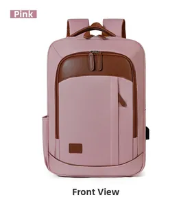 Pink business laptop backpack with side USB charging port and brown leather details