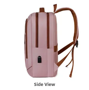 Detail view of pink business backpack side with USB charging port and padded mesh strap