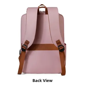 Pink business laptop backpack with ergonomic wide shoulder straps and brown webbing detail