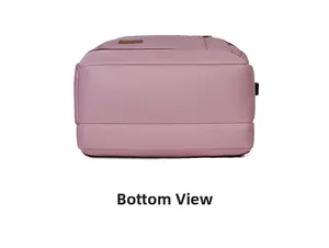 Flat bottom view of pink nylon commuter backpack showing reinforced stitching and durable base