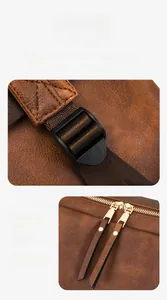 Details des braunen PU-Rucksacks mit goldenem Doppelreißverschluss und verstellbarem Gurt