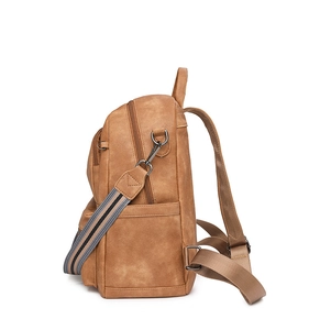 Side view of brown vintage backpack with textured faux leather and striped strap