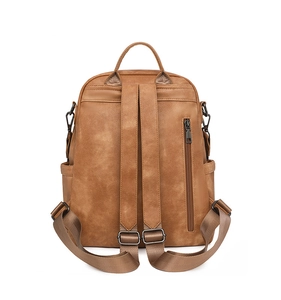 Rear view of vintage brown leather backpack with anti-theft zipper and side pockets