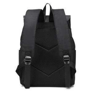 Rear view of black waterproof business backpack featuring breathable mesh and padded straps